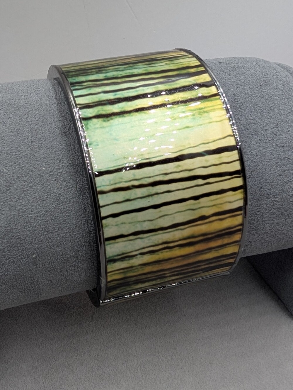 Lia Sophia Sundown Green Yellow Striped Wide Stretch Cuff Bracelet| 0357